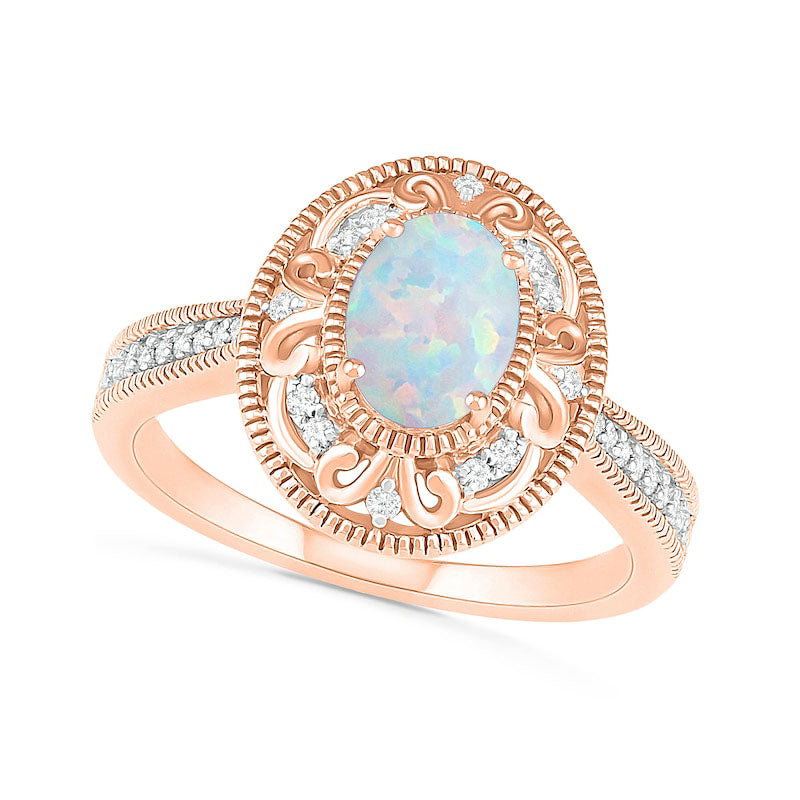 Image of ID 1 Oval Lab-Created Opal and 013 CT TW Diamond Filigree Frame Antique Vintage-Style Ring in Solid 10K Rose Gold