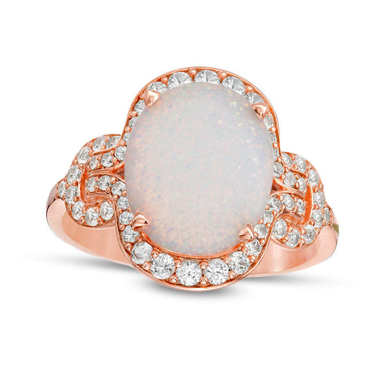 Image of ID 1 Oval Lab-Created Opal and 038 CT TW Diamond Frame Ring in Solid 10K Rose Gold