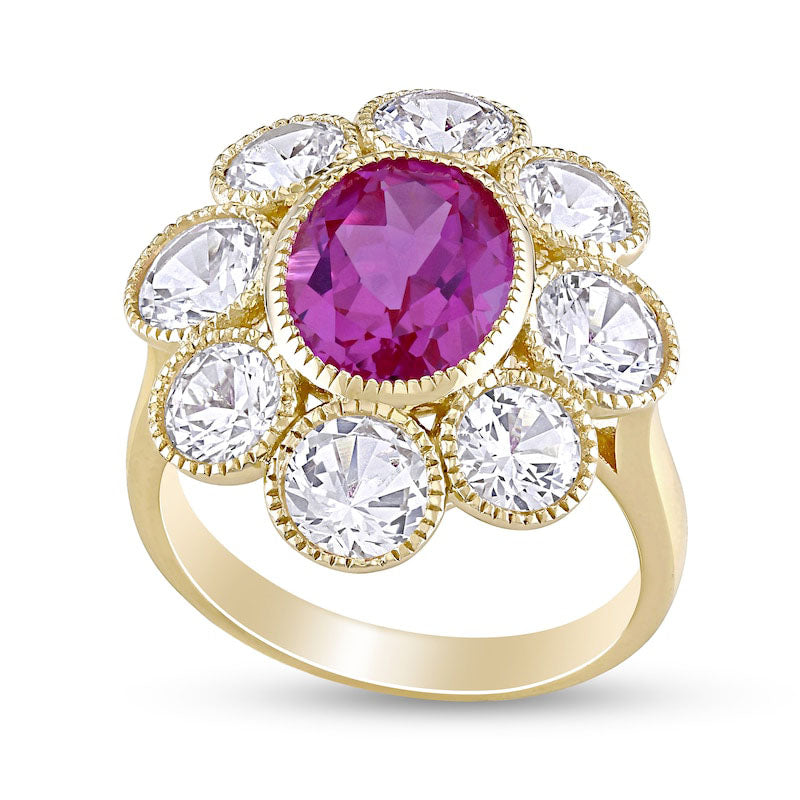 Image of ID 1 Oval Lab-Created Pink and White Sapphire Antique Vintage-Style Blossom Ring in Solid 10K Yellow Gold