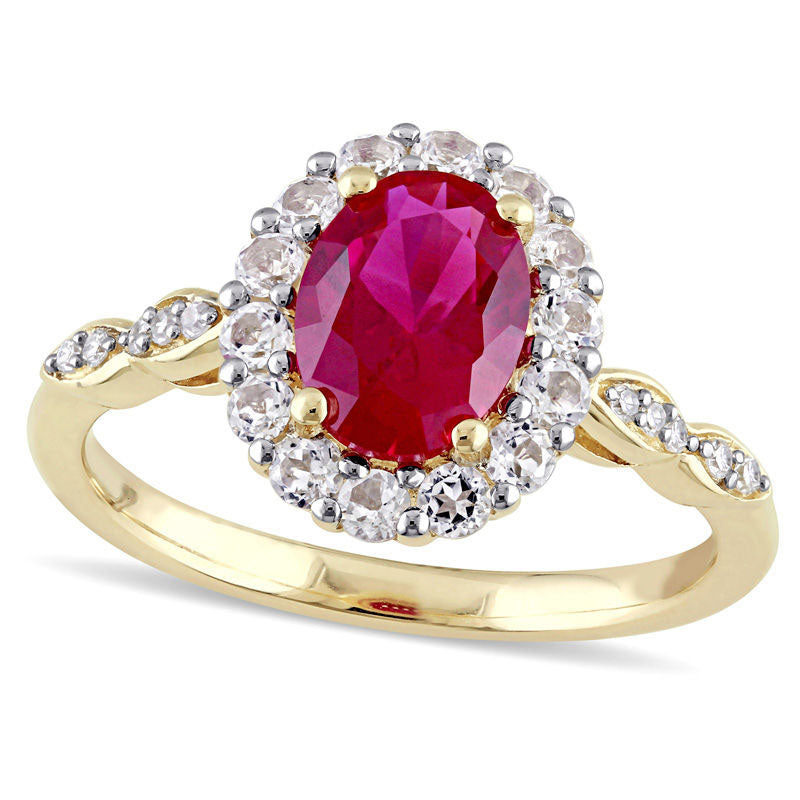 Image of ID 1 Oval Lab-Created Ruby White Topaz and Diamond Accent Frame Ring in Solid 14K Gold