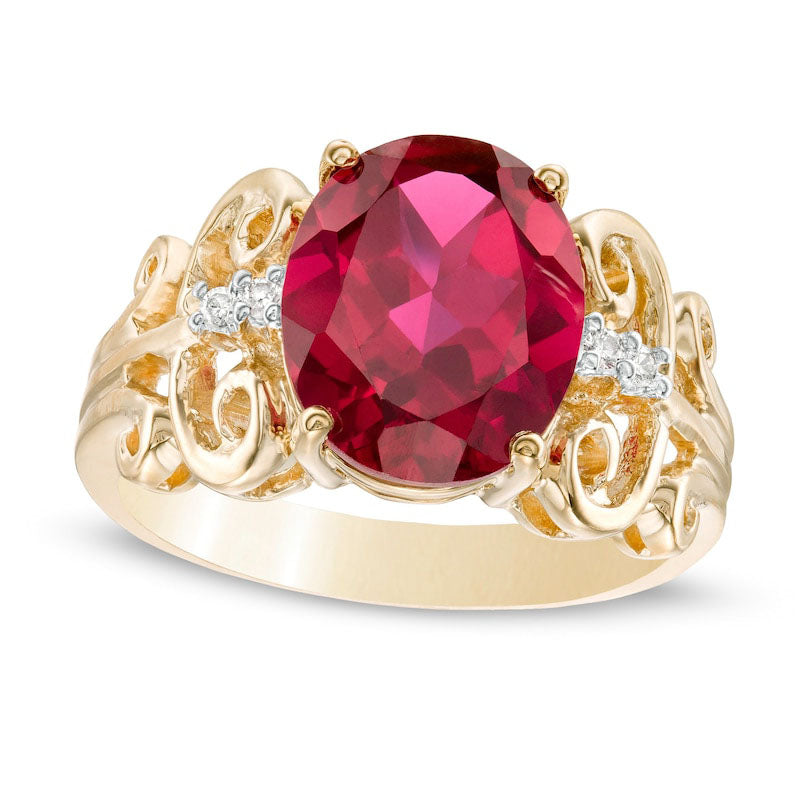 Image of ID 1 Oval Lab-Created Ruby and 005 CT TW Diamond Antique Vintage-Style Scroll Ring in Solid 10K Yellow Gold