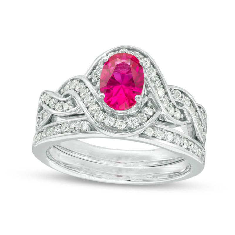 Image of ID 1 Oval Lab-Created Ruby and 050 CT TW Diamond Braided Frame Bridal Engagement Ring Set in Sterling Silver
