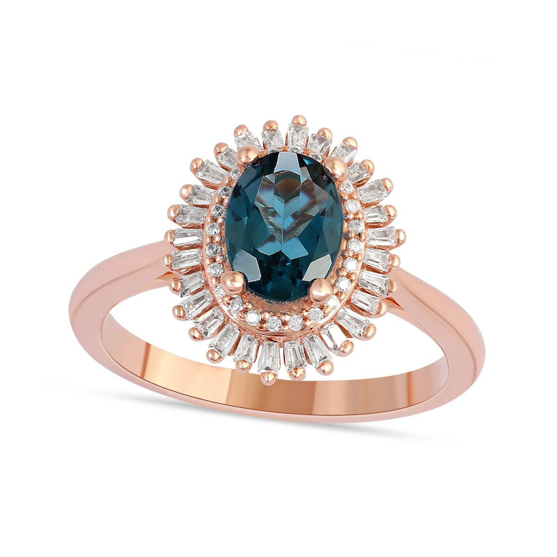 Image of ID 1 Oval London Blue Topaz and 025 CT TW Baguette and Round Natural Diamond Double Frame Ring in Solid 10K Rose Gold