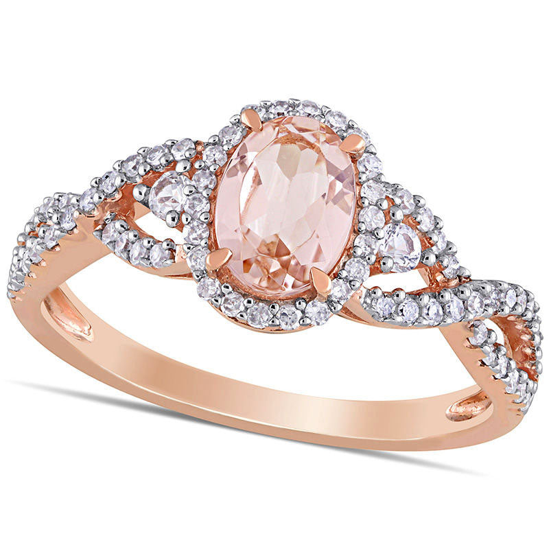 Image of ID 1 Oval Morganite White Sapphire and 033 CT TW Natural Diamond Frame Side Accent Twist Shank Ring in Solid 10K Rose Gold