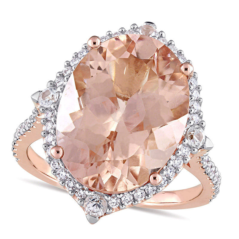 Image of ID 1 Oval Morganite White Sapphire and 038 CT TW Natural Diamond Ornate Frame Ring in Solid 14K Rose Gold