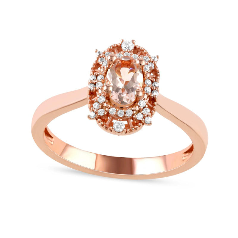 Image of ID 1 Oval Morganite and 010 CT TW Natural Diamond Bead Frame Sunburst Ring in Solid 10K Rose Gold