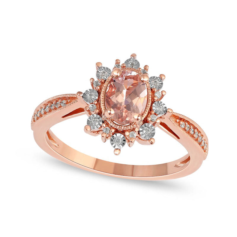 Image of ID 1 Oval Morganite and 010 CT TW Natural Diamond Sunburst Frame Antique Vintage-Style Tapered Shank Ring in Solid 10K Rose Gold