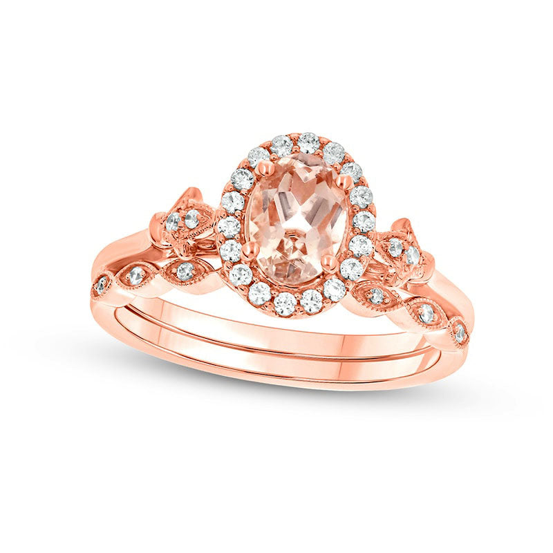 Image of ID 1 Oval Morganite and 020 CT TW Natural Diamond Frame Fleur-de-Lis Antique Vintage-Style Bridal Engagement Ring Set in Solid 10K Rose Gold