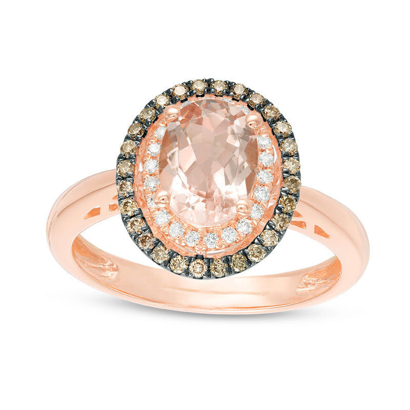 Image of ID 1 Oval Morganite and 025 CT TW Champagne and White Natural Diamond Double Frame Ring in Solid 14K Rose Gold and Black Rhodium