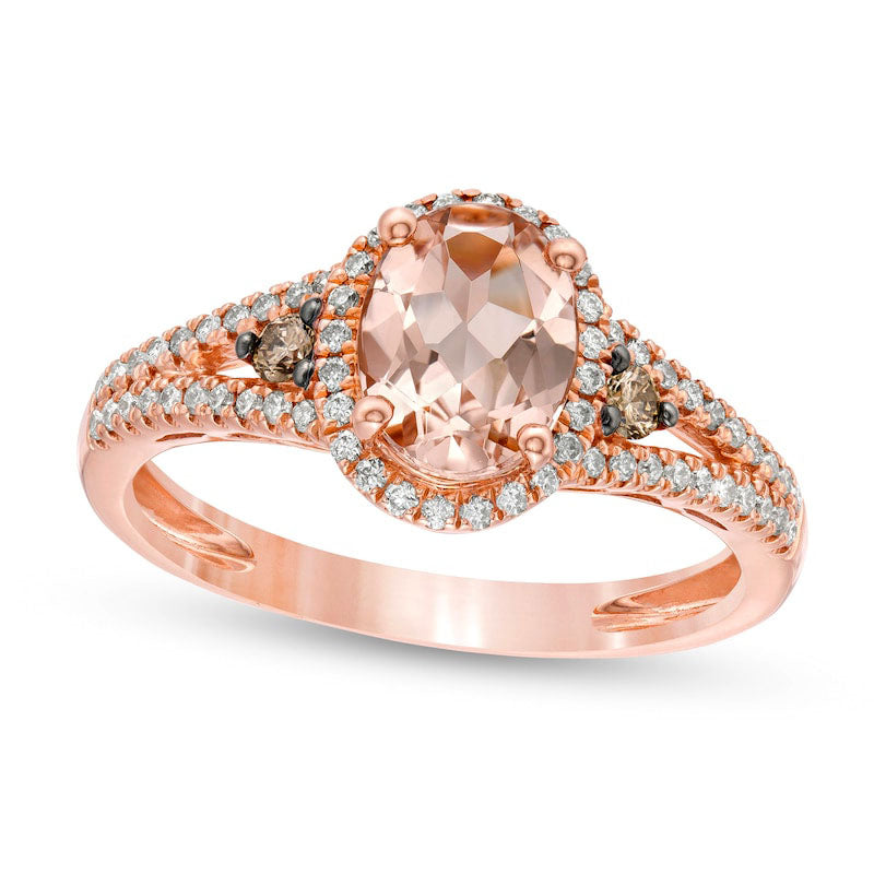 Image of ID 1 Oval Morganite and 025 CT TW Champagne and White Natural Diamond Frame Split Shank Ring in Solid 14K Rose Gold