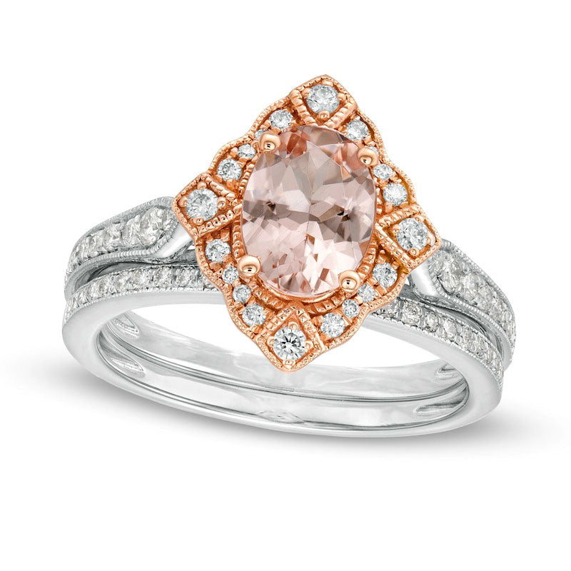 Image of ID 1 Oval Morganite and 033 CT TW Natural Diamond Antique Vintage-Style Art Deco Bridal Engagement Ring Set in Solid 14K Two-Tone Gold