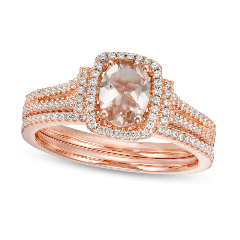 Image of ID 1 Oval Morganite and 033 CT TW Natural Diamond Cushion Frame Collared Split Shank Bridal Engagement Ring Set in Solid 10K Rose Gold