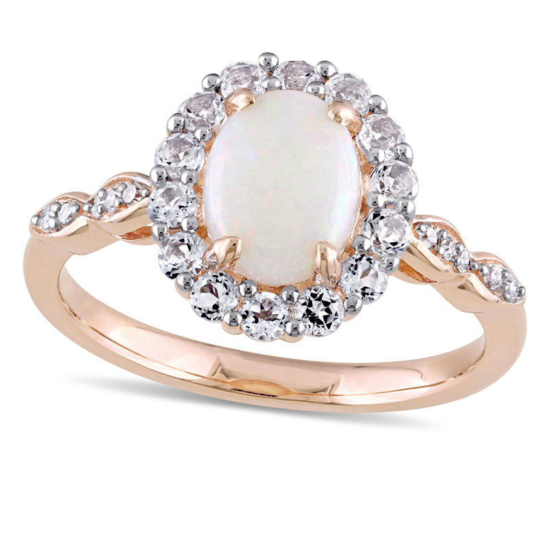 Image of ID 1 Oval Opal White Topaz and Natural Diamond Accent Frame Ring in Solid 14K Rose Gold