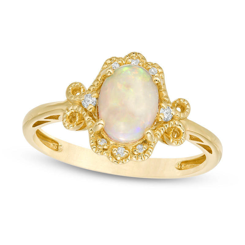 Image of ID 1 Oval Opal and 005 CT TW Natural Diamond Filigree Antique Vintage-Style Ring in Solid 14K Gold