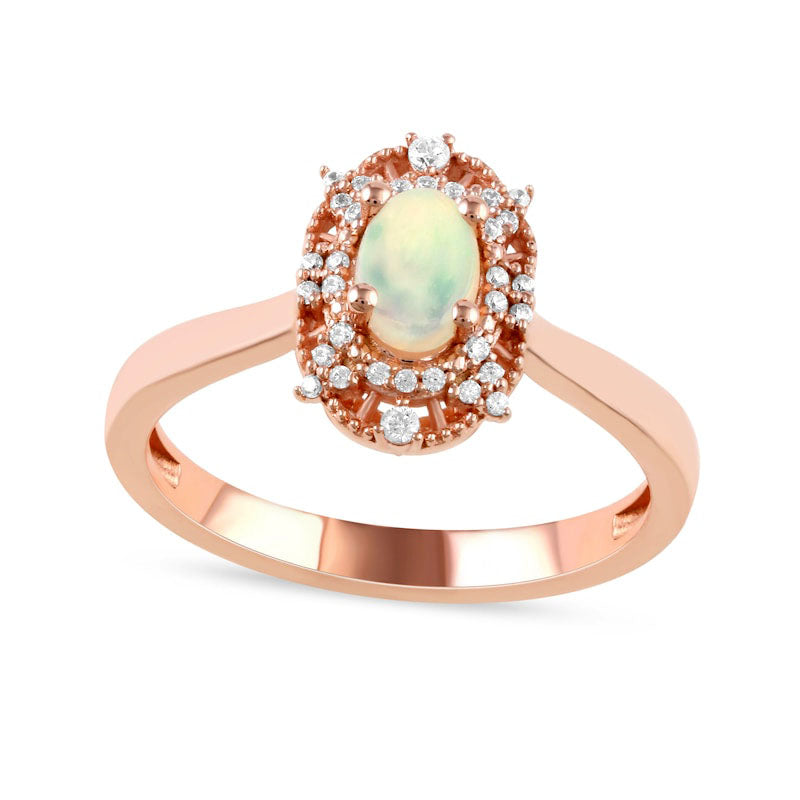 Image of ID 1 Oval Opal and 010 CT TW Natural Diamond Bead Frame Sunburst Ring in Solid 10K Rose Gold