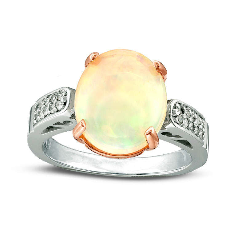 Image of ID 1 Oval Opal and 010 CT TW Natural Diamond Bead Shank Ring in Solid 10K Two-Tone Gold