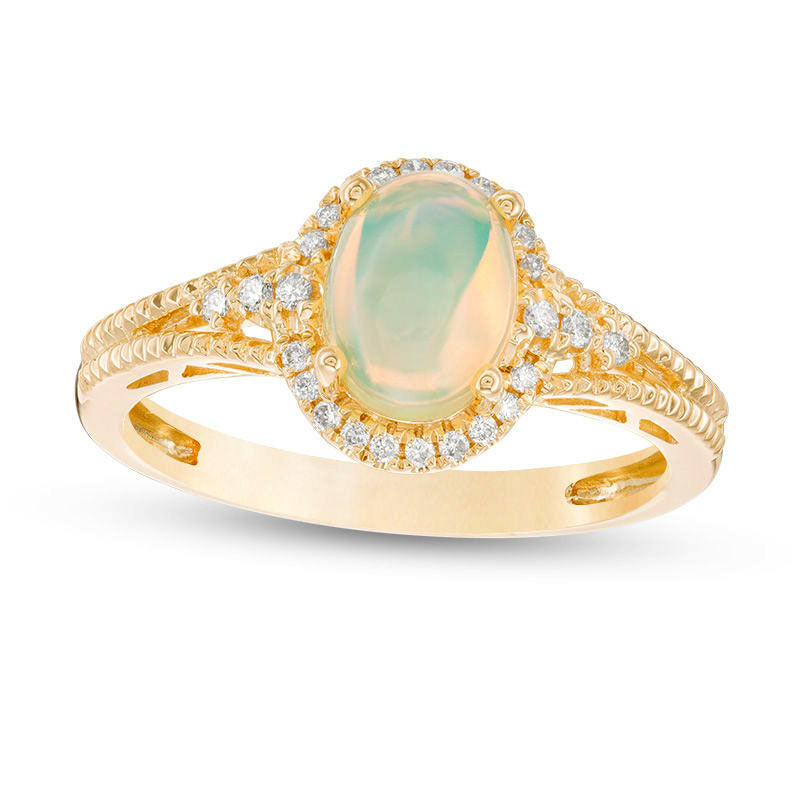 Image of ID 1 Oval Opal and 010 CT TW Natural Diamond Frame Antique Vintage-Style Ring in Solid 10K Yellow Gold