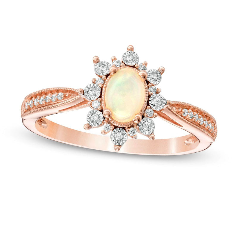 Image of ID 1 Oval Opal and 010 CT TW Natural Diamond Sunburst Frame Antique Vintage-Style Tapered Shank Ring in Solid 10K Rose Gold