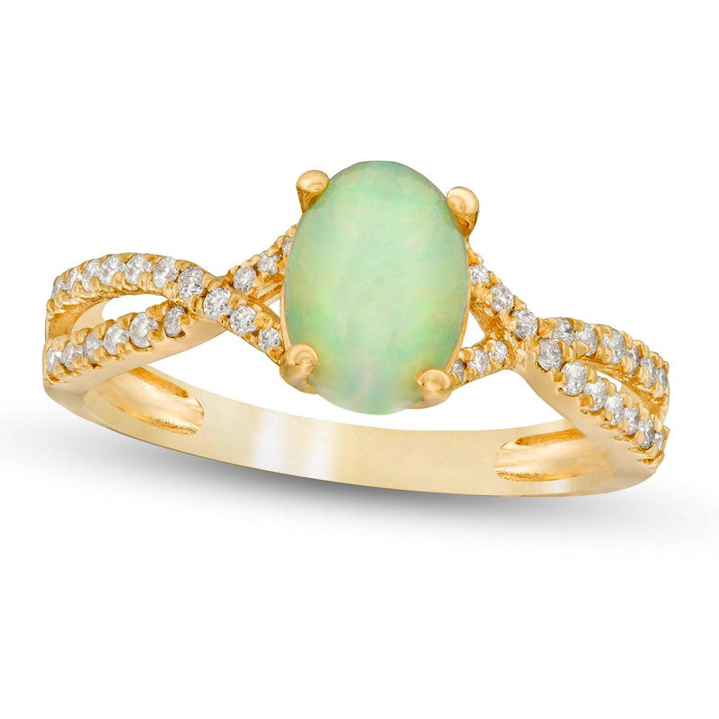Image of ID 1 Oval Opal and 017 CT TW Natural Diamond Crossover Shank Ring in Solid 14K Gold