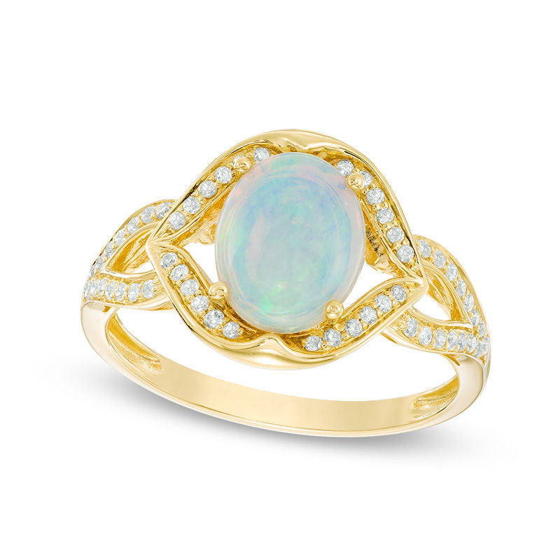 Image of ID 1 Oval Opal and 017 CT TW Natural Diamond Split Shank Ring in Solid 10K Yellow Gold
