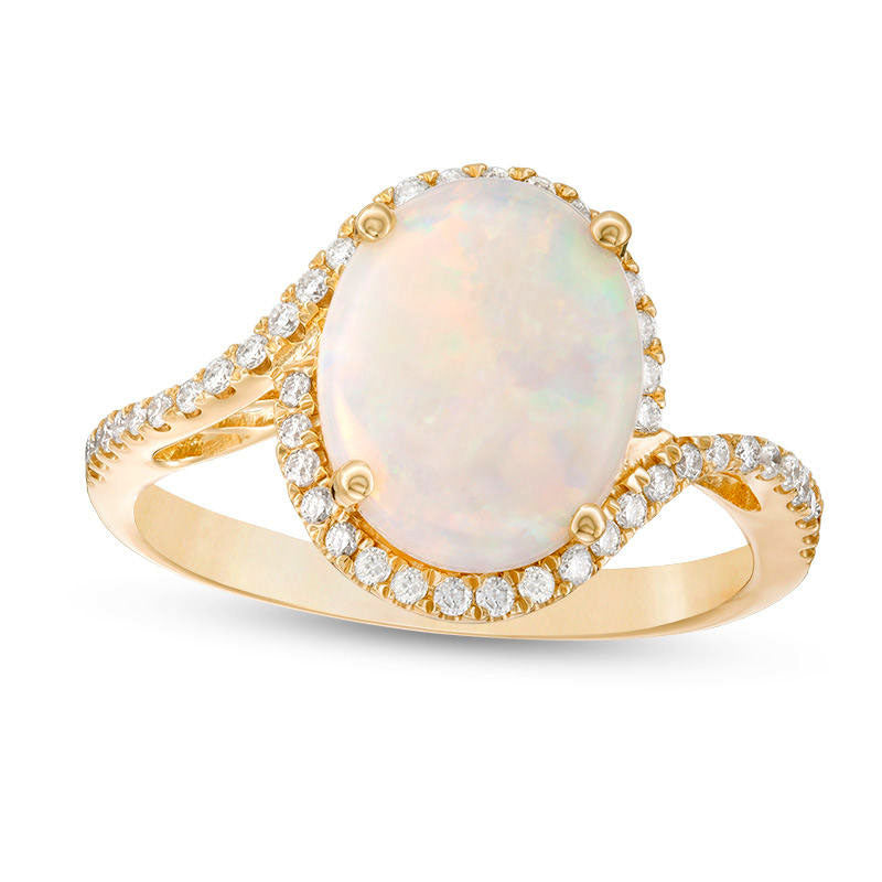 Image of ID 1 Oval Opal and 020 CT TW Natural Diamond Frame Bypass Ring in Solid 14K Gold