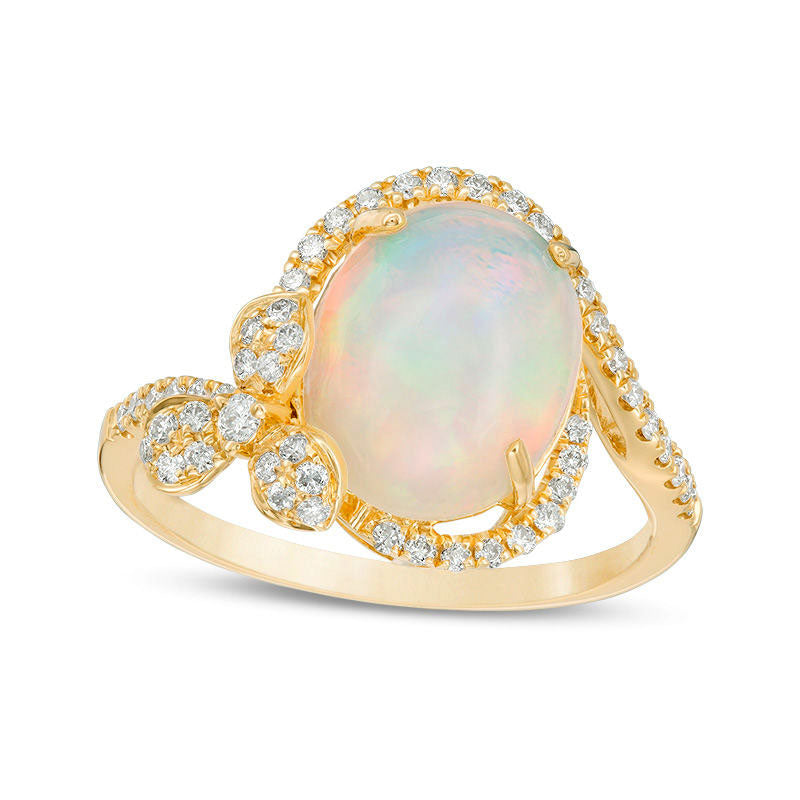 Image of ID 1 Oval Opal and 033 CT TW Natural Diamond Bypass Flower Frame Ring in Solid 18K Gold