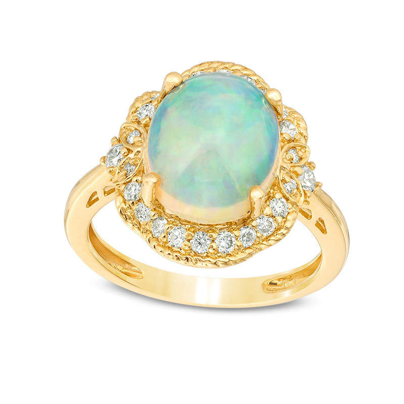 Image of ID 1 Oval Opal and 033 CT TW Natural Diamond Rope Frame with Leaf Accents Ring in Solid 14K Gold
