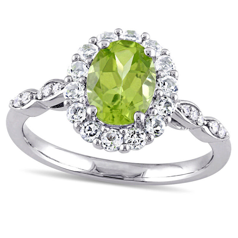 Image of ID 1 Oval Peridot White Topaz and Natural Diamond Accent Frame Ring in Solid 14K White Gold
