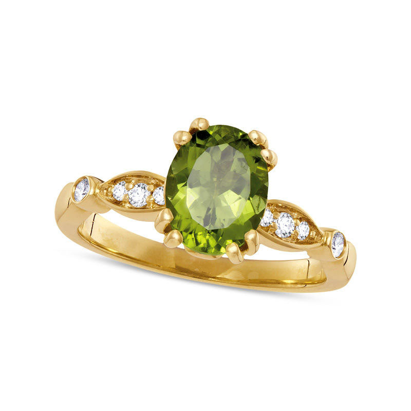 Image of ID 1 Oval Peridot and 010 CT TW Natural Diamond Tri-Sides Ring in Solid 10K Yellow Gold