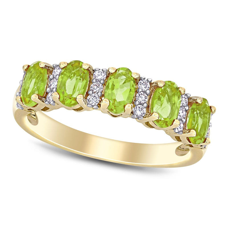 Image of ID 1 Oval Peridot and 017 CT TW Natural Diamond Five Stone Ring in Solid 14K Gold