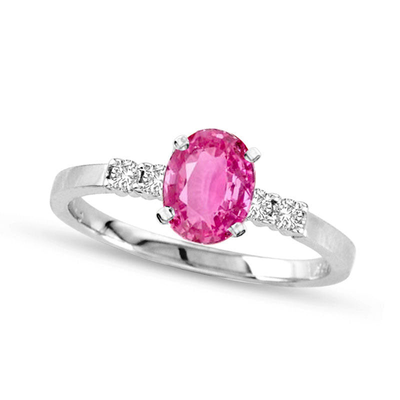 Image of ID 1 Oval Pink Sapphire and 017 CT TW Natural Diamond Engagement Ring in Solid 14K White Gold