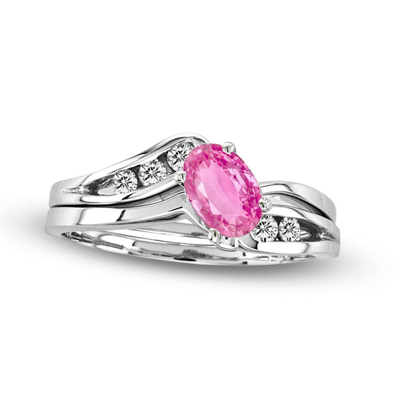 Image of ID 1 Oval Pink Sapphire and 020 CT TW Natural Diamond Bypass Bridal Engagement Ring Set in Solid 14K White Gold