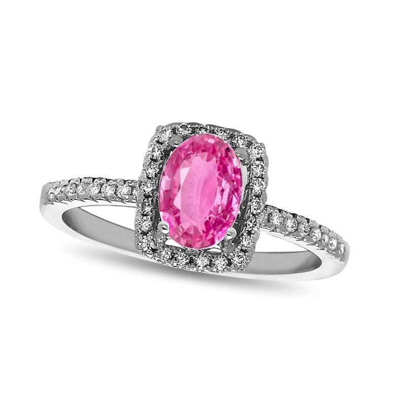 Image of ID 1 Oval Pink Sapphire and 020 CT TW Natural Diamond Frame Engagement Ring in Solid 14K White Gold