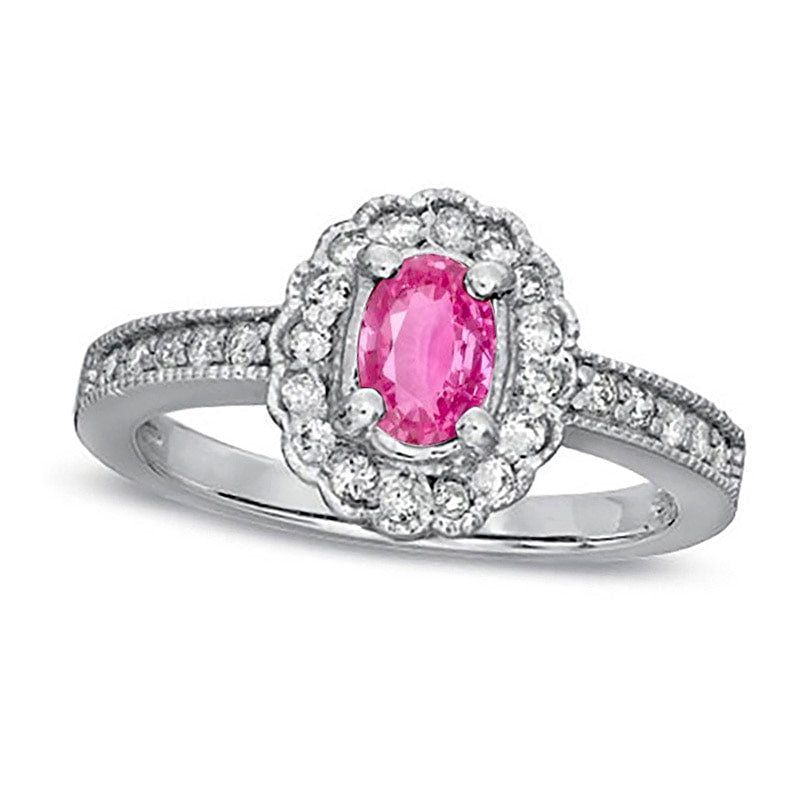 Image of ID 1 Oval Pink Sapphire and 025 CT TW Natural Diamond Scallop Frame Engagement Ring in Solid 14K White Gold