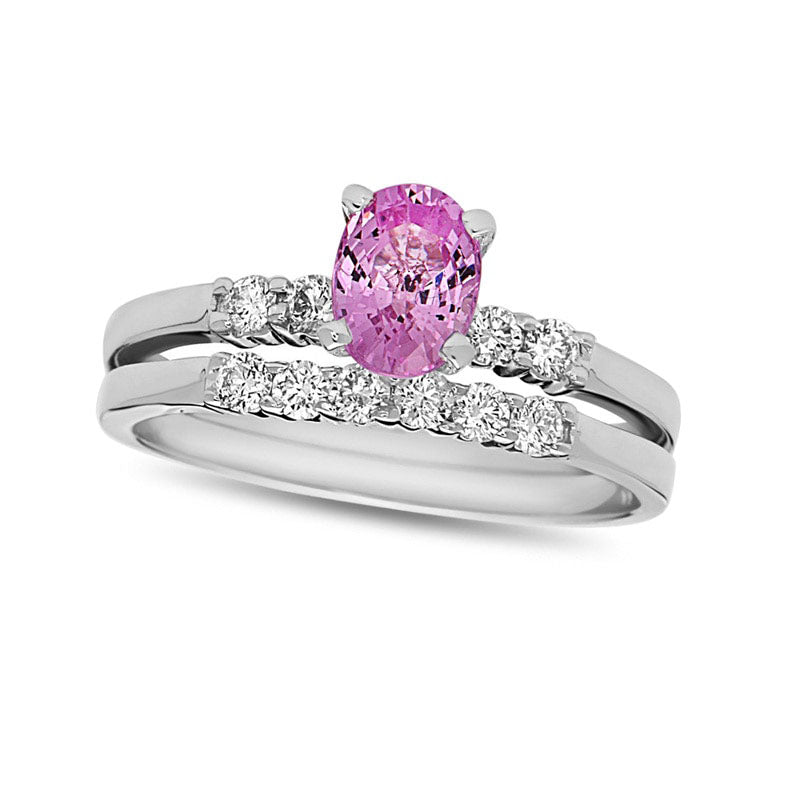 Image of ID 1 Oval Pink Sapphire and 033 CT TW Natural Diamond Bridal Engagement Ring Set in Solid 14K White Gold
