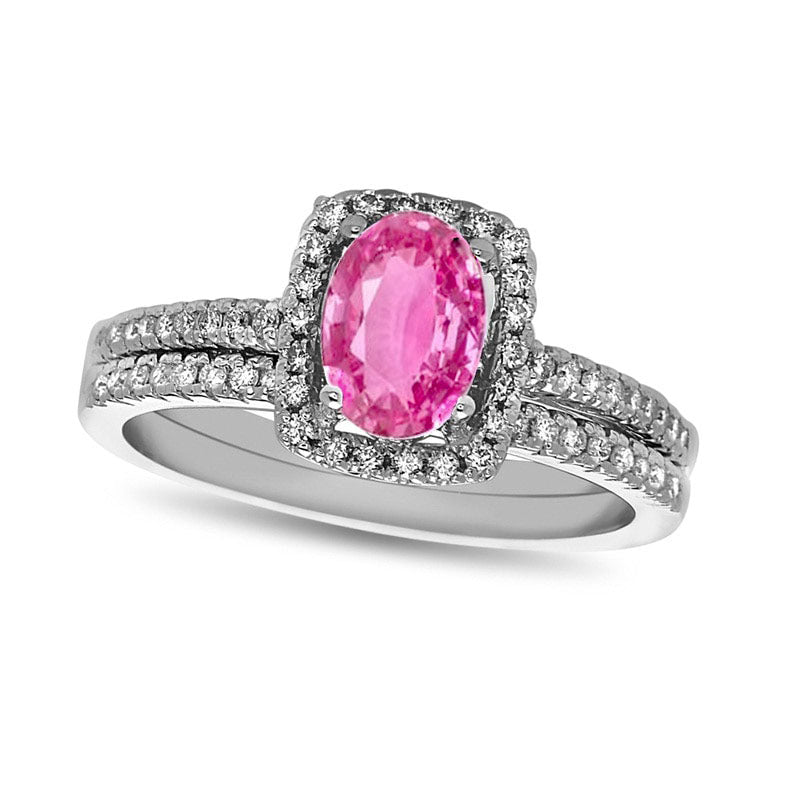Image of ID 1 Oval Pink Sapphire and 033 CT TW Natural Diamond Frame Bridal Engagement Ring Set in Solid 14K White Gold