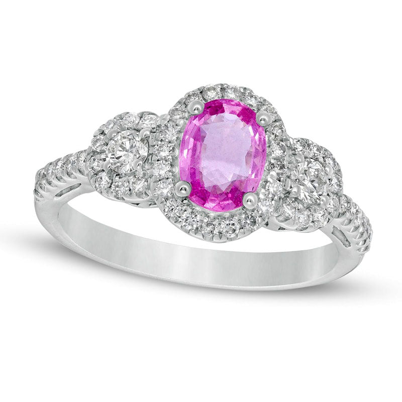 Image of ID 1 Oval Pink Sapphire and 038 CT TW Natural Diamond Frame Three Stone Ring in Solid 14K White Gold