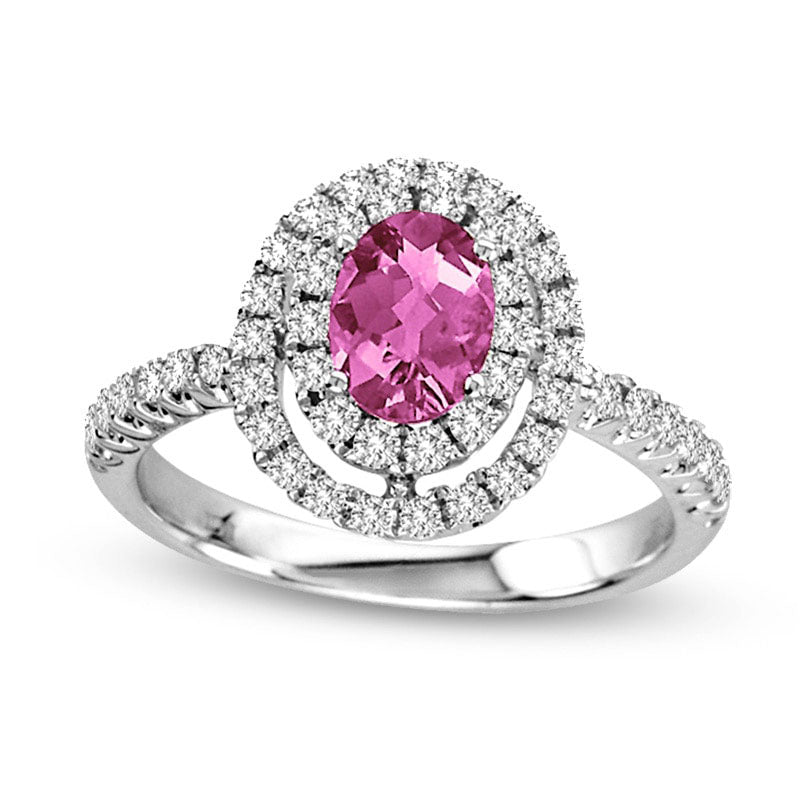 Image of ID 1 Oval Pink Sapphire and 050 CT TW Natural Diamond Double Frame Ring in Solid 14K White Gold