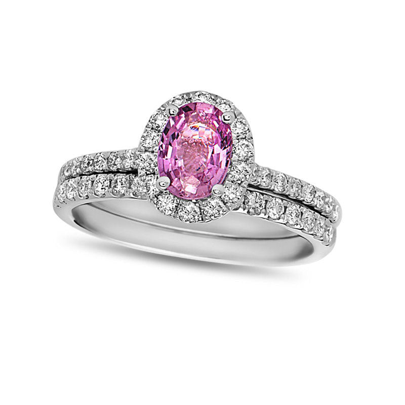 Image of ID 1 Oval Pink Sapphire and 063 CT TW Natural Diamond Frame Bridal Engagement Ring Set in Solid 14K White Gold