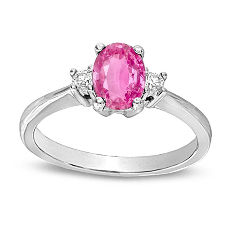 Image of ID 1 Oval Pink Sapphire and Natural Diamond Accent Three Stone Engagement Ring in Solid 14K White Gold