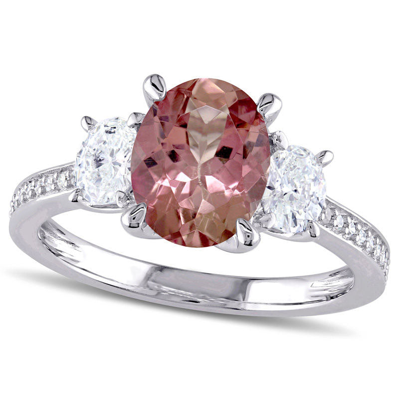 Image of ID 1 Oval Pink Tourmaline and 063 CT TW Natural Diamond Three Stone Ring in Solid 14K White Gold