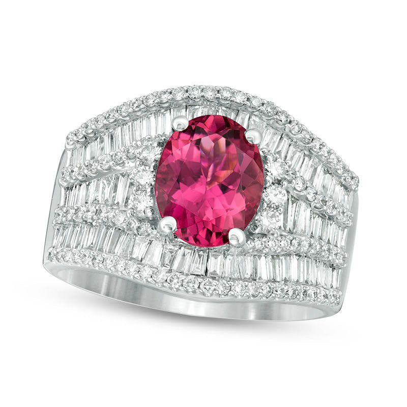 Image of ID 1 Oval Pink Tourmaline and 133 CT TW Natural Diamond Collar Multi-Row Ring in Solid 14K White Gold
