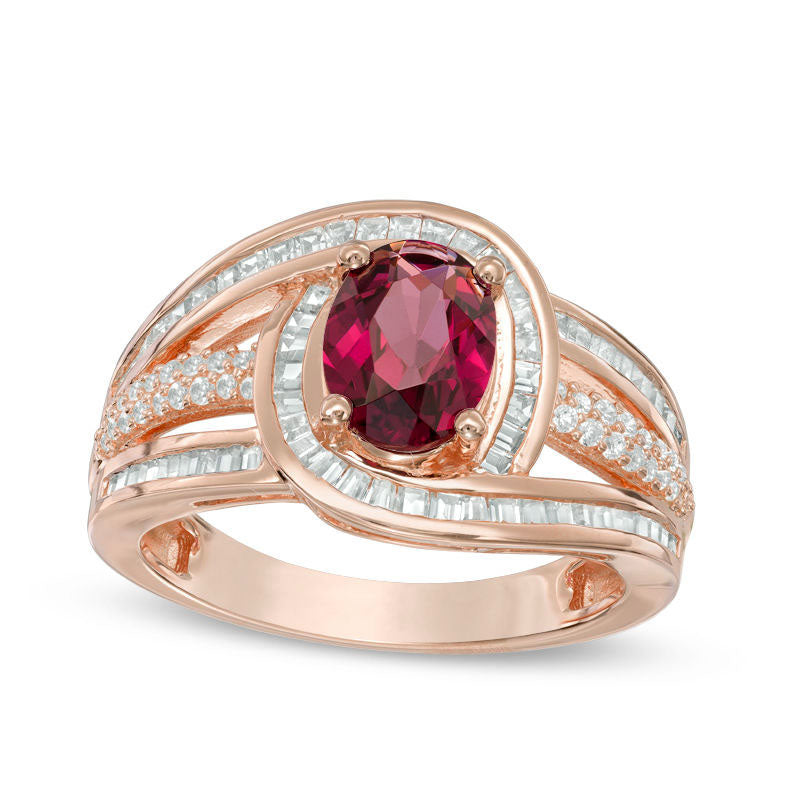 Image of ID 1 Oval Rhodolite and 063 CT TW Natural Diamond Swirl Frame Multi-Row Ring in Solid 10K Rose Gold