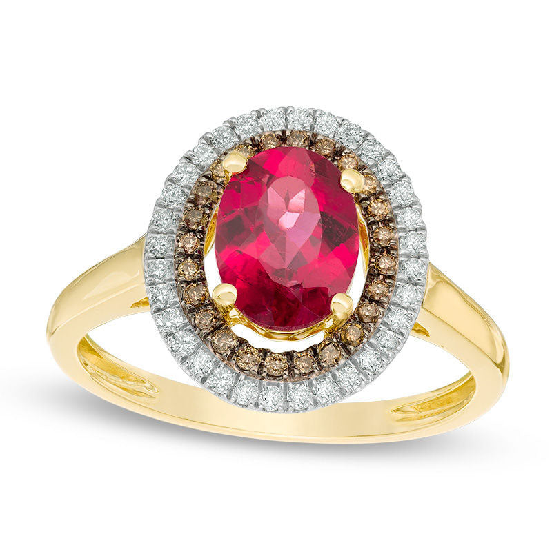 Image of ID 1 Oval Rubellite Tourmaline and 025 CT TW Champagne and White Natural Diamond Double Frame Ring in Solid 14K Gold
