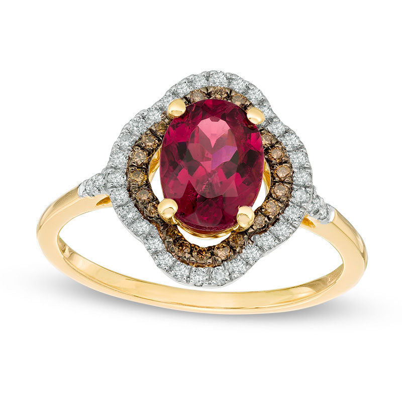 Image of ID 1 Oval Rubellite Tourmaline and 033 CT TW Champagne and White Natural Diamond Double Frame Ring in Solid 14K Gold