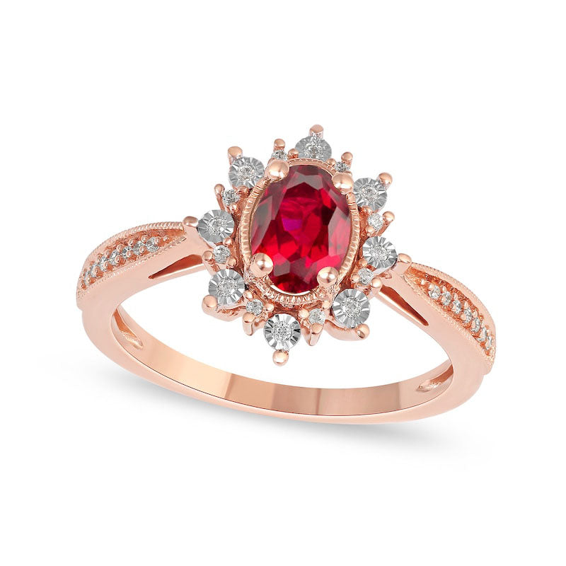 Image of ID 1 Oval Ruby and 010 CT TW Natural Diamond Sunburst Frame Antique Vintage-Style Tapered Shank Ring in Solid 10K Rose Gold