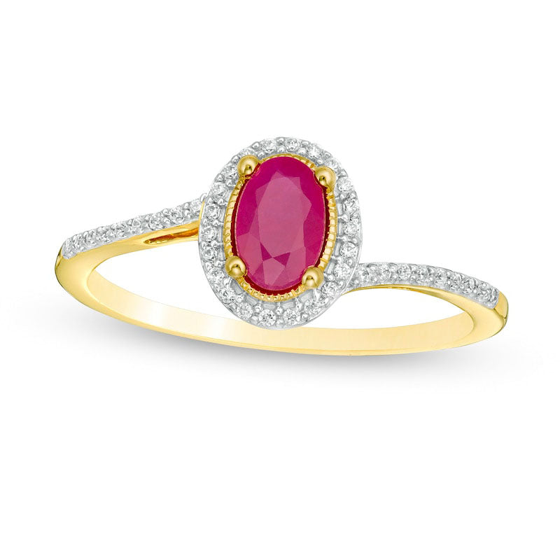 Image of ID 1 Oval Ruby and 013 CT TW Natural Diamond Frame Bypass Ring in Solid 10K Yellow Gold