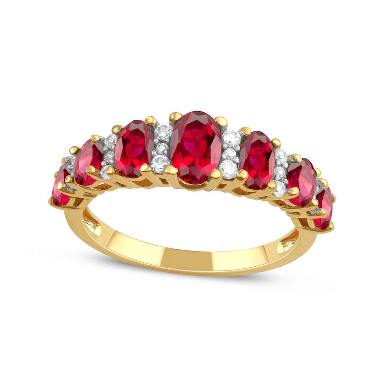 Image of ID 1 Oval Ruby and 017 CT TW Natural Diamond Graduated Seven Stone Alternating Trios Ring in Solid 10K Yellow Gold