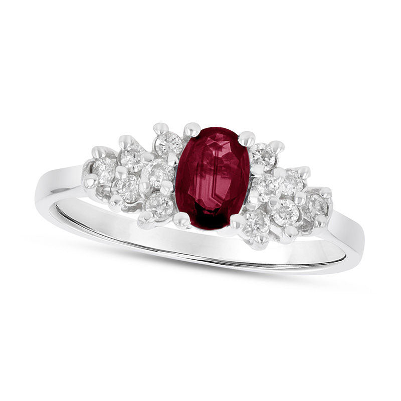 Image of ID 1 Oval Ruby and 017 CT TW Natural Diamond Triangle Side Clusters Ring in Solid 14K White Gold