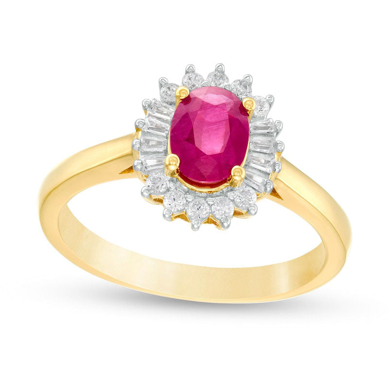 Image of ID 1 Oval Ruby and 020 CT TW Baguette and Round Natural Diamond Starburst Frame Ring in Solid 10K Yellow Gold